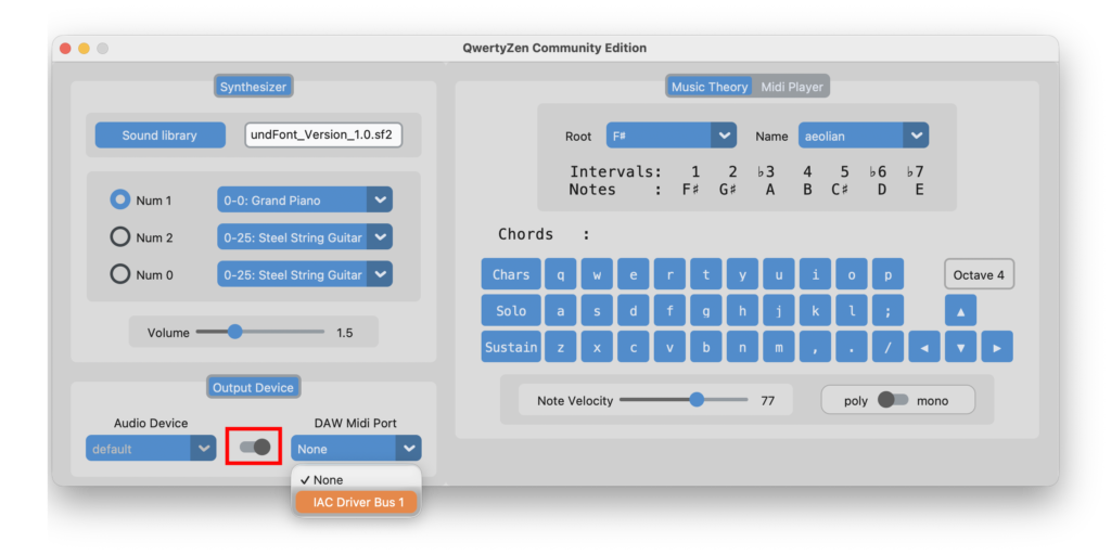 Select the virtual MIDI port output