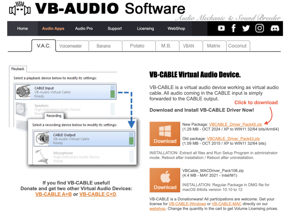windows download vb-cable for audio loopback